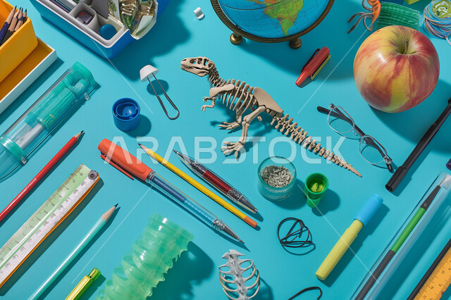 موسم العودة إلى المدارس، تحضير وتجهيز المستلزمات والأغراض المدرسية، مجموعة من الأقلام والقرطاسية والمجسمات على الطاولة، مفهوم الجغرافيا وتاريخ العصور القديمة والعلوم الصحية، خلفية زرقاء