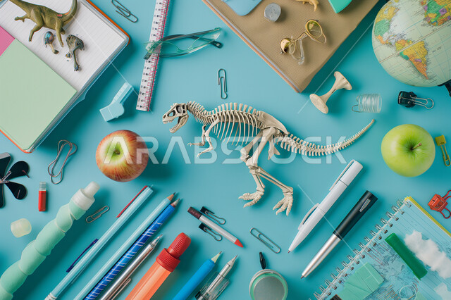 موسم العودة إلى المدارس، تحضير وتجهيز المستلزمات والأغراض المدرسية، مجموعة من الأقلام والقرطاسية والمجسمات على الطاولة، مفهوم الجغرافيا وتاريخ العصور القديمة والعلوم الصحية، خلفية زرقاء