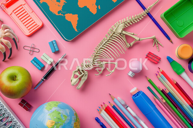 تحضير وتجهيز المستلزمات والأغراض المدرسية، موسم العودة إلى المدارس، مجموعة من الأقلام والقرطاسية والمجسمات على الطاولة، مفهوم الجغرافيا وتاريخ العصور القديمة والعلوم الصحية، خلفية وردية