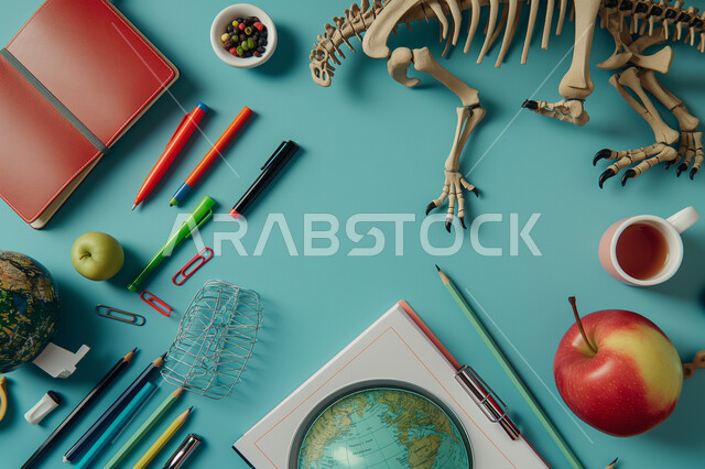 موسم العودة إلى المدارس، تحضير وتجهيز المستلزمات والأغراض المدرسية، مجموعة من الأقلام والقرطاسية والمجسمات على الطاولة، مفهوم الجغرافيا وتاريخ العصور القديمة والعلوم الصحية، خلفية زرقاء