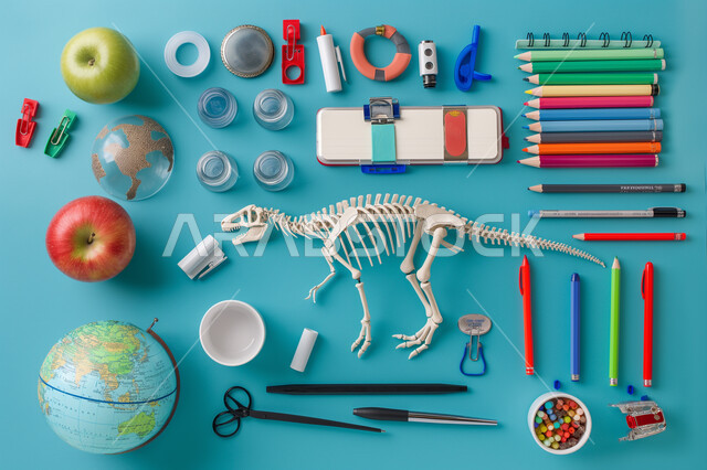 موسم العودة إلى المدارس، تحضير وتجهيز المستلزمات والأغراض المدرسية، مجموعة من الأقلام والقرطاسية والمجسمات على الطاولة، مفهوم الجغرافيا وتاريخ العصور القديمة والعلوم الصحية، خلفية زرقاء