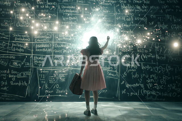 صورة من الخلف لطالبة عربية خليجية سعودية ترتدي فستان وردي تقف امام سبورة خضراء مليئة بعلوم الرياضيات والمعادلات الحسابية، إيماءات وتعابير الاندماج، الإستعداد للعام الدراسي الجديد، التعليم في مدارس المملكة العربية السعودية