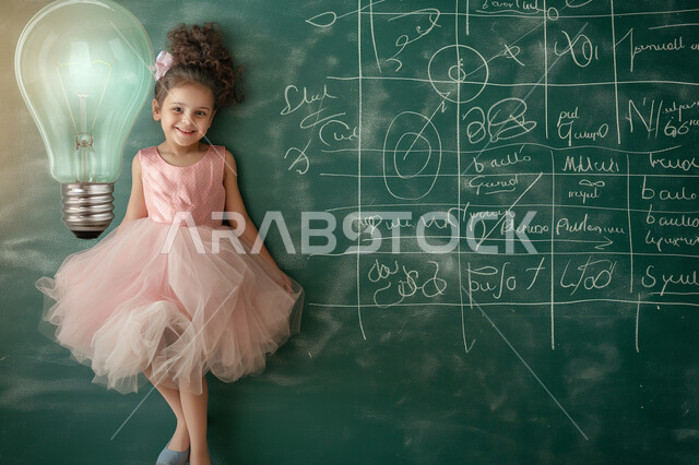 الإستعداد للعام الدراسي الجديد، التعليم في مدارس المملكة العربية السعودية، طالبة عربية خليجية سعودية ترتدي فستان وردي تقف امام سبورة خضراء مليئة بعلوم الرياضيات والمعادلات الحسابية، إيماءات وتعابير السرور والسعادة، لمبة مضيئة تدل على الذكاء والعبقرية 