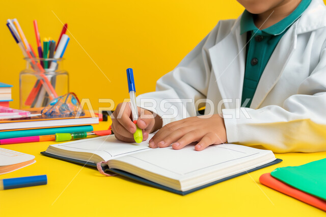 المستلزمات والكتب المدرسية، العودة الى المدرسة، التعليم في مدارس المملكة العربية السعودية، بورتريه مقرب لولد عربي خليجي سعودي يجلس على طاولة الدراسة لمراجعة الدروس وحل الواجبات، خلفية صفراء