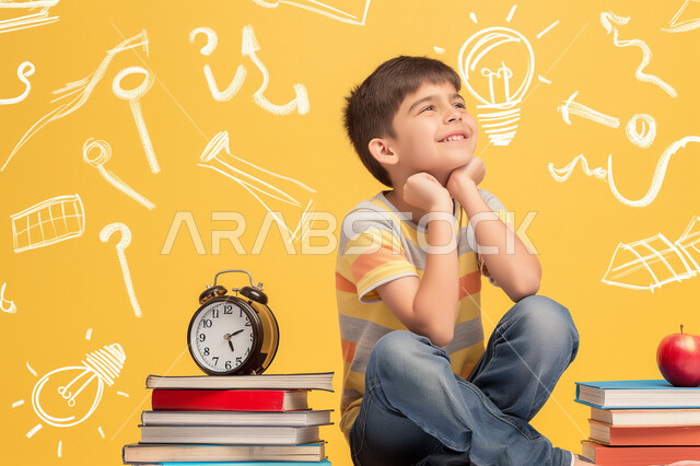 حب المعرفة والقراءة والثقافة، بورتريه مقرب لطالب عربي خليجي سعودي مبتسم ينظر الى الكاميرا يجلس على مجموعة من الكتب، مراجعة الدروس اليومية، التعليم الدراسي في المملكة العربية السعودية، تعابير وايماءات السرور والسعادة، خلفية صفراء