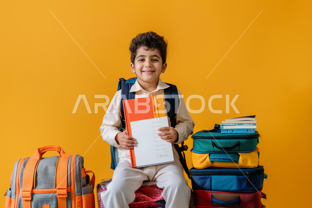 حب المعرفة والقراءة والثقافة، بورتريه مقرب لطالب عربي خليجي سعودي مبتسم ينظر الى الكاميرا يجلس على مجموعة من الكتب، مراجعة الدروس اليومية، التعليم الدراسي في المملكة العربية السعودية، تعابير وايماءات السرور والسعادة، خلفية صفراء