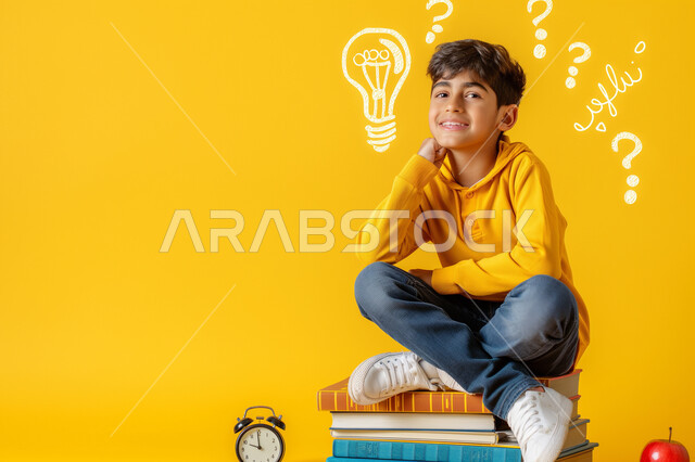 حب المعرفة والقراءة والثقافة، بورتريه مقرب لطالب عربي خليجي سعودي مبتسم ينظر الى الكاميرا يجلس على مجموعة من الكتب، مراجعة الدروس اليومية، التعليم الدراسي في المملكة العربية السعودية، تعابير وايماءات السرور والسعادة، خلفية صفراء