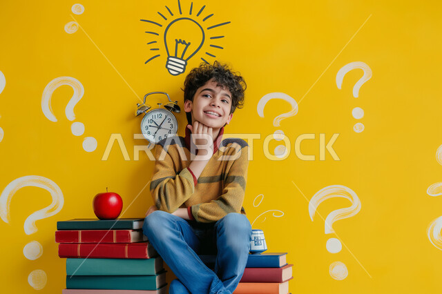 حب المعرفة والقراءة والثقافة، بورتريه مقرب لطالب عربي خليجي سعودي مبتسم ينظر الى الكاميرا يجلس على مجموعة من الكتب، مراجعة الدروس اليومية، التعليم الدراسي في المملكة العربية السعودية، تعابير وايماءات السرور والسعادة، خلفية صفراء