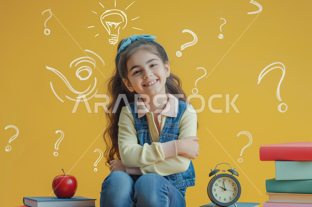 التعليم الدراسي في المملكة العربية السعودية، تعابير وايماءات السرور والسعادة، حب المعرفة والقراءة والثقافة، بورتريه مقرب لطالبة عربية خليجية سعودية مبتسمة تنظر الى الكاميرا تجلس على مجموعة من الكتب، مراجعة الدروس اليومية، خلفية صفراء