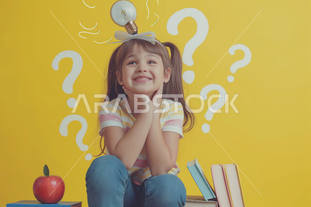 Education in Saudi Arabia, expressions and gestures of joy and happiness, love of knowledge, reading and culture, close-up portrait of a smiling Saudi Arabian Gulf female student looking at the camera sitting on a stack of books, reviewing daily lessons, yellow background