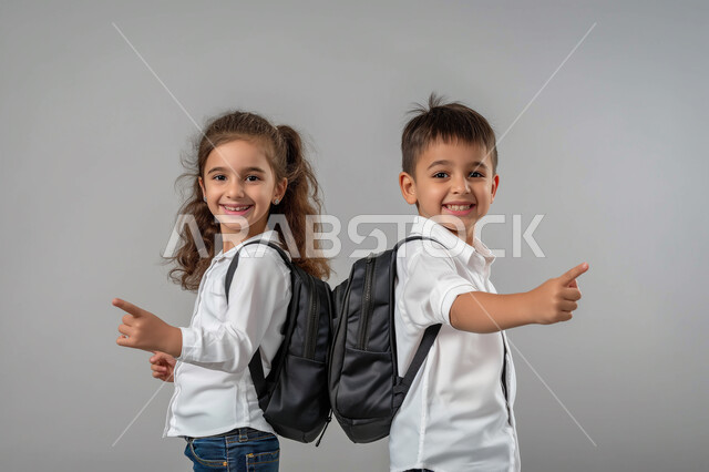 الإستعداد للذهاب إلى المدرسة، الإشارة الى شيء ما، بورتريه لطالبين عربيين خليجيين سعوديين يرتديان الزي المدرسي يحملان الحقيبة المدرسية ينظران الى الكاميرا بتعابير الحماس، مفهوم التعليم الدراسي في السعودية، خلفية رمادية