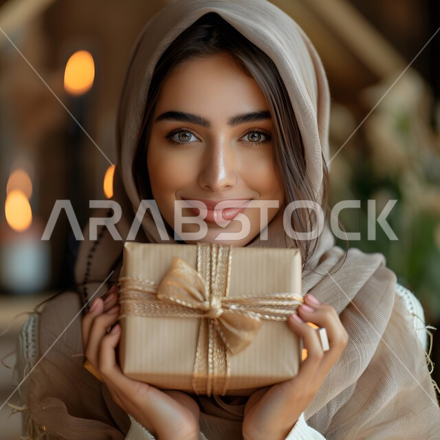 الحصول على الهدية بمناسبة العيد، تقديم الهدايا في المناسبات السعيدة، صورة مقربة لشابة عربية خليجية سعودية محجبة ترتدي العباءة تحمل بيدها علبة مغلفة، الاحتفال بقدوم الأعياد الاسلامية