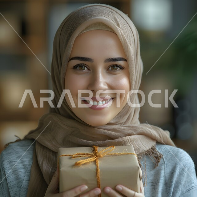 الحصول على الهدية بمناسبة العيد، تقديم الهدايا في المناسبات السعيدة، صورة مقربة لشابة عربية خليجية سعودية محجبة ترتدي العباءة تحمل بيدها علبة مغلفة، الاحتفال بقدوم الأعياد الاسلامية