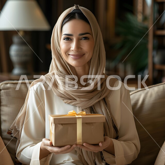الحصول على الهدية بمناسبة العيد، تقديم الهدايا في المناسبات السعيدة، صورة مقربة لشابة عربية خليجية سعودية محجبة ترتدي العباءة تحمل بيدها علبة مغلفة، الاحتفال بقدوم الأعياد الاسلامية