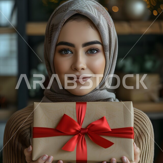 الحصول على الهدية بمناسبة العيد، تقديم الهدايا في المناسبات السعيدة، صورة مقربة لشابة عربية خليجية سعودية محجبة ترتدي العباءة تحمل بيدها علبة مغلفة، الاحتفال بقدوم الأعياد الاسلامية