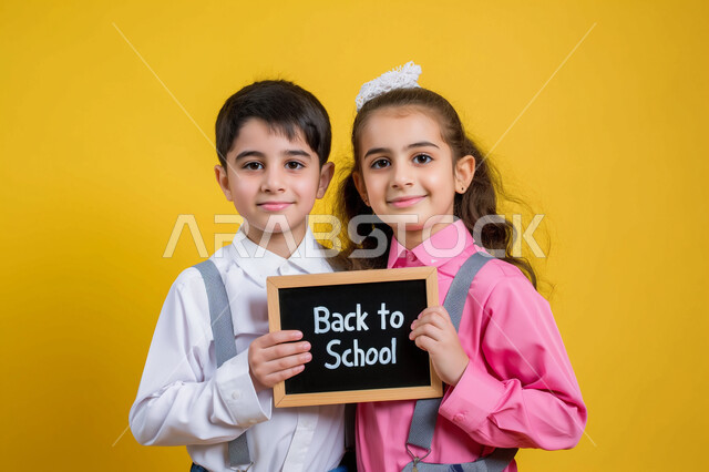 الاستعداد لاستقبال العام الدراسي الجديد، التعليم في مدارس المملكة العربية السعودية، بورتريه مقرب لطالبين عربيين خليجيين سعوديين يرتديان الزي المدرسي يحملان سبورة صغيرة بعبارة العودة الى المدرسة باللغة الانجليزية، النظر الى الكاميرا بتعابير السرور والسعادة