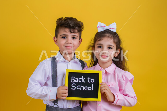 الاستعداد لاستقبال العام الدراسي الجديد، التعليم في مدارس المملكة العربية السعودية، بورتريه مقرب لطالبين عربيين خليجيين سعوديين يرتديان الزي المدرسي يحملان سبورة صغيرة بعبارة العودة الى المدرسة باللغة الانجليزية، النظر الى الكاميرا بتعابير السرور والسعادة