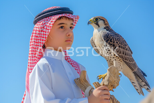 انتقال إرث الأجداد إلى الأحفاد، عراقة التراث السعودي في تربية الطيور الجارحة الحرة، صورة من الجانب لولد عربي خليجي سعودي يرتدي الثوب التقليدي والشماغ يحمل طائر الصقر على يده، ترويض الحيوانات في محميات طبيعية، انطلاق موسم صيد الصقور السنوي في المملكة