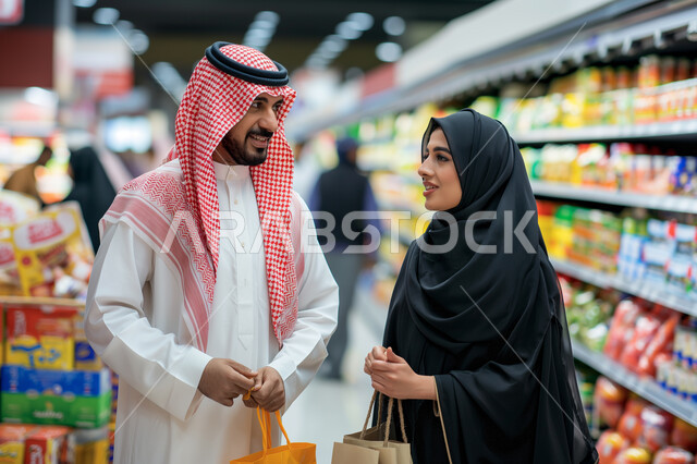 Browsing among the different items in malls and shops in Saudi Arabia, buying necessary supplies, the fun of shopping with the family, a Saudi Gulf Arab couple in the food section, taking advantage of discounts, rebates and offers