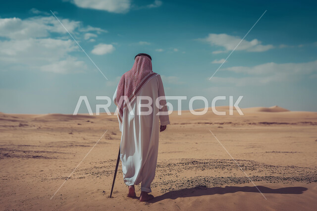 المشي في الصحراء والمناطق الطبيعية, مفهوم الرجولة العربية, صورة من الخلف لرجل كبير بالسن عربي خليجي سعودي يرتدي الثوب التقليدي ويضع الشماغ على رأسه يستند على عكازه, البيئة الصحراوية والكثبان الرملية, خلفية السماء الملبدة بالغيوم