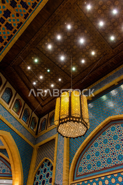 Authentic Eastern Arab heritage, Ibn Battuta Mall in Dubai, United Arab Emirates, famous places and tourist attractions, interior designs and decorations, lighting, decorations and accessories, close-up photo of a Ramadan lantern hanging on the ceiling, a traditional metal lamp