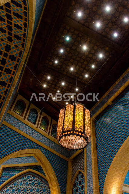 Famous tourist places and landmarks, interior designs and decorations, lighting, decorations and accessories, close-up, Ramadan lantern hanging on the ceiling, traditional metal lamp, authentic eastern Arab heritage, Ibn Battuta Mall in Dubai, United Arab Emirates