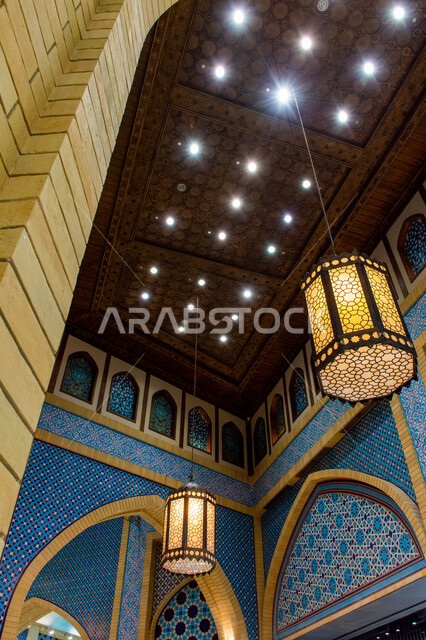 Famous tourist places and landmarks, interior designs and decorations, lighting, decorations and accessories, close-up, Ramadan lantern hanging on the ceiling, traditional metal lamp, authentic eastern Arab heritage, Ibn Battuta Mall in Dubai, United Arab Emirates