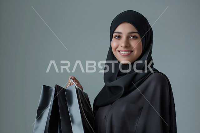 النظر إلى الكاميرا بإيماءات السرور والسعادة، العروض والتخفيضات على كافة الأصناف, الحسومات والتنزيلات الموسمية، بورتريه لامرأة عربية خليجية سعودية  محجبة ترتدي العباءة السوداء تحمل بيدها أكياس ورقية، التسوق واقتناء المستلزمات والهدايا, خلفية رمادية