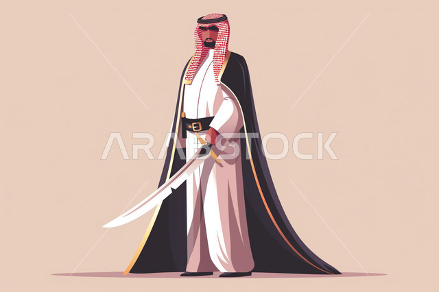 الاحتفالات بالمناسبات الوطنية, الفخر والاعتزاز بالانتماء الوطني, إحياء تراث المملكة, بورتريه لرجل عربي خليجي سعودي يرتدي زي تراثي ويمسك بيده السيف, تأسيس الدولة السعودية الأولى 1727م، ارتداء أزياء شعبية تقليدية, ذكرى يوم التأسيس السعودي, خلفية بيج