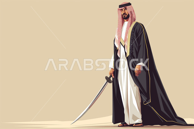 الاحتفالات بالمناسبات الوطنية, الفخر والاعتزاز بالانتماء الوطني, إحياء تراث المملكة, بورتريه لرجل عربي خليجي سعودي يرتدي زي تراثي ويمسك بيده السيف, تأسيس الدولة السعودية الأولى 1727م، ارتداء أزياء شعبية تقليدية, ذكرى يوم التأسيس السعودي, خلفية بيج