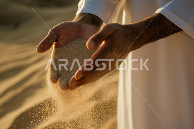 نثر ذرات الرمل الذهبية اللامعة في صحراء المملكة, الفخر والاعتزاز بالانتماء السعودي, صورة مقربة لرجل عربي خليجي سعودي يرتدي الثوب التقليدي يمسك بيديه حفنة من الرمال, الطبيعة الصحراوية والكثبان الرملية
