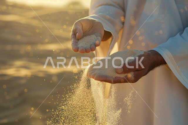 Scattering shiny golden sand particles in the desert of the Kingdom, pride and pride in Saudi belonging, a close-up picture of a Saudi Gulf Arab man wearing a traditional dress holding a handful of sand in his hands, desert nature and sand dunes