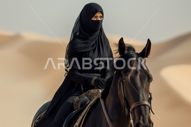 شغف الفروسية وممارسة هواية ركوب الخيل، سيدة عربية خليجية سعودية محجبة ترتدي العباءة وتتجول في الصحراء السعودية على ظهر جواد عربي أصيل، توارث حب الخيول من الأجداد ونشره بين أبناء الوطن، إمتطاء الحصان السعودي على الرمال الناعمة في المناطق الصحراوية