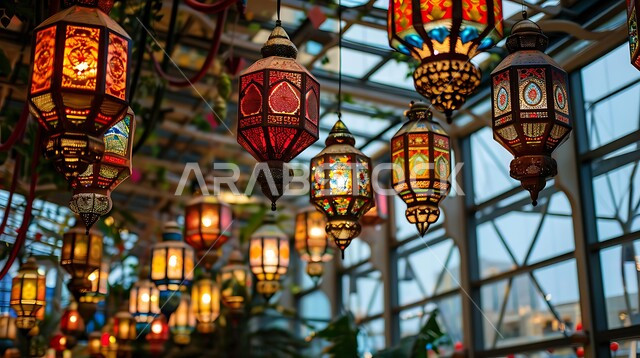 فوانيس عربية تقليدية معدنية مزخرفة،تحف وأنوار وديكورات على الطراز العربي الإسلامي، إضاءة وزينة رمضان المبارك، الإحتفال بقدوم شهر الخير والبركة، أجواء رمضانية روحانية دينية، المصابيح المضيئة المعلقة في المساجد