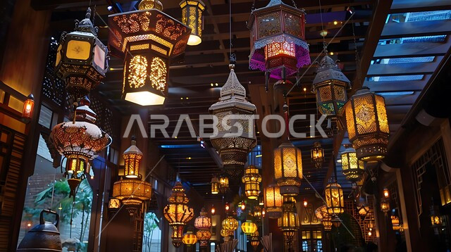 الإحتفال بقدوم شهر الخير والبركة، أجواء رمضانية روحانية دينية، إضاءة وزينة رمضان المبارك، تحف وأنوار وديكورات على الطراز العربي الإسلامي، المصابيح المضيئة المعلقة، فوانيس عربية تقليدية معدنية مزخرفة