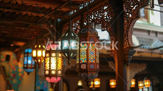 المصابيح المضيئة المعلقة، فوانيس عربية تقليدية معدنية مزخرفة،تحف وأنوار وديكورات على الطراز العربي الإسلامي، إضاءة وزينة رمضان المبارك، الإحتفال بقدوم شهر الخير والبركة، أجواء رمضانية روحانية دينية