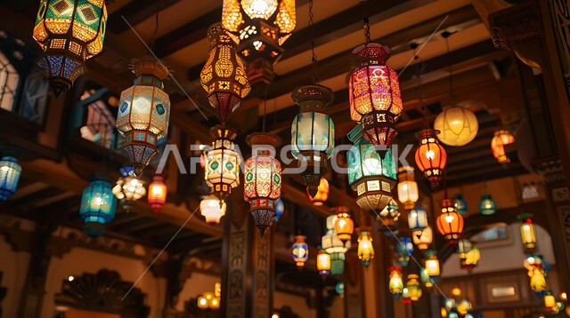 فوانيس عربية تقليدية معدنية مزخرفة،تحف وأنوار وديكورات على الطراز العربي الإسلامي، إضاءة وزينة رمضان المبارك، الإحتفال بقدوم شهر الخير والبركة، أجواء رمضانية روحانية دينية، المصابيح المضيئة المعلقة في المساجد