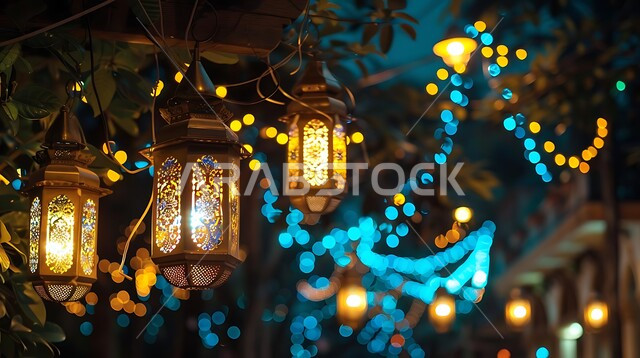 تحف وأنوار وديكورات على الطراز العربي الإسلامي، المصابيح المضيئة المعلقة، فوانيس عربية تقليدية معدنية مزخرفة، إضاءة وزينة رمضان المبارك، الإحتفال بقدوم شهر الخير والبركة، أجواء رمضانية روحانية دينية