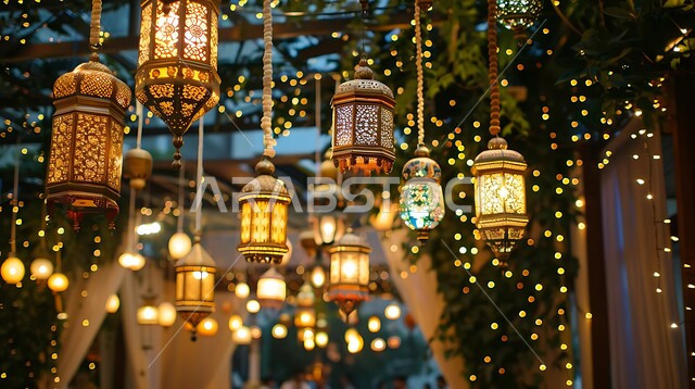 تحف وأنوار وديكورات على الطراز العربي الإسلامي، المصابيح المضيئة المعلقة، فوانيس عربية تقليدية معدنية مزخرفة، إضاءة وزينة رمضان المبارك، الإحتفال بقدوم شهر الخير والبركة، أجواء رمضانية روحانية دينية