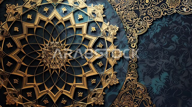 قالب تصميم إسلامي مزخرف، تصاميم ديكور ديني ذهبي، بطاقات تهنئة فارغة، زخارف و ديكورات اسلاميه عربية، الفن الهندسي العصري الحديث، خلفية سوداء
