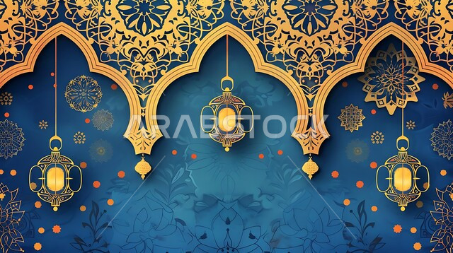 مناسبات وأعياد دينية إسلامية, التهنئة بقدوم شهر رمضان المبارك, قالب تصميم رمضاني باللون الأزرق مع الفوانيس الذهبية المضيئة وهلال القمر, زخارف وديكورات عربية, مفهوم الأجواء الروحانية