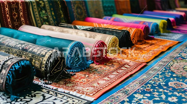 نقوش و زخارف السدو على الاقمشه الملونه في أسواق المملكه العربية السعودية، منتجات محليه وطنيه, صورة مقربه للسجاد السعودي بألوان مختلفه