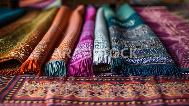 التطريز الشعبي على الاقمشه الملونه في أسواق السعوديه, منتجات محليه وطنيه, صورة مقربه للسجاد السعودي بألوان مختلفه مع نقوش و زخارف السدو في مولات المملكه, الفن التراثي الحرفي التقليدي