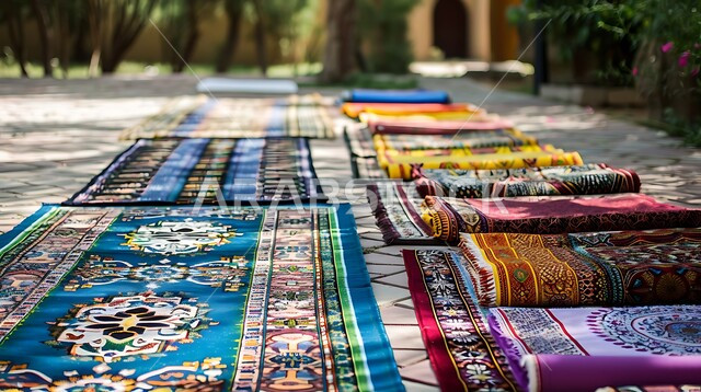 منتجات محليه وطنيه, صورة مقربه للسجاد السعودي بألوان مختلفه مع نقوش و زخارف السدو في أسواق المملكه العربية السعودية، التطريز الشعبي على الاقمشه الملونه