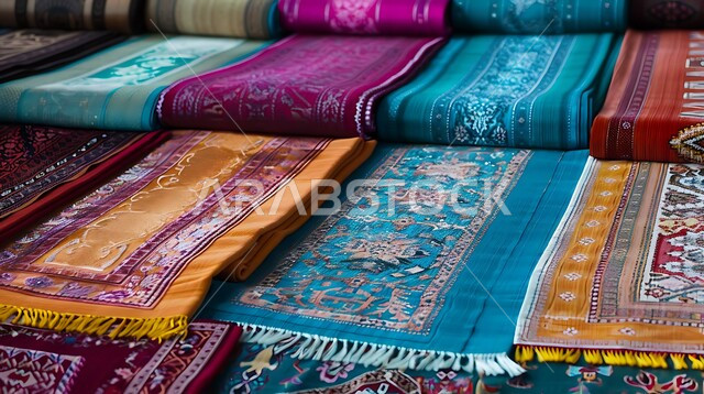 Sadu patterns and decorations on colored fabrics in the markets of the Kingdom of Saudi Arabia, local national products, a close-up photo of Saudi carpets in different colors