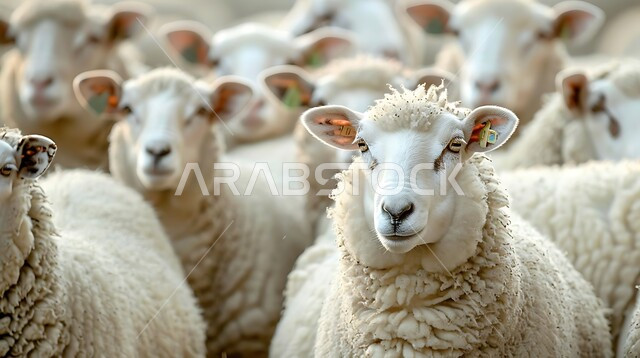 حيوان الخروف في مزارع المملكة، أضحية عيد الأضحى، مجموعة من الخرفان في محمية طبيعية لرعاية الثديات، تربية الحيوانات والمواشي في السعودية