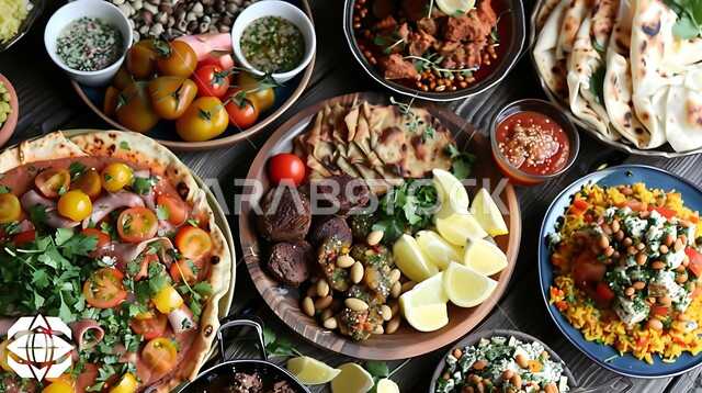 Delicious appetizers, dishes and oriental Arabic dishes. A dining table full of various Ramadan meals, a table of delicious traditional popular foods, the atmosphere of the holy month of Ramadan, feasts and banquets on Islamic holidays and occasions.