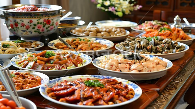 مائدة طعام مليئة بالوجبات المتنوعة الرمضانية، سفرة من المأكولات الشعبية التقليدية الشهية، أجواء شهر رمضان المبارك، العزائم والولائم في الأعياد والمناسبات الإسلامية، المقبلات والأطباق والأصناف العربية الشرقية اللذيذة