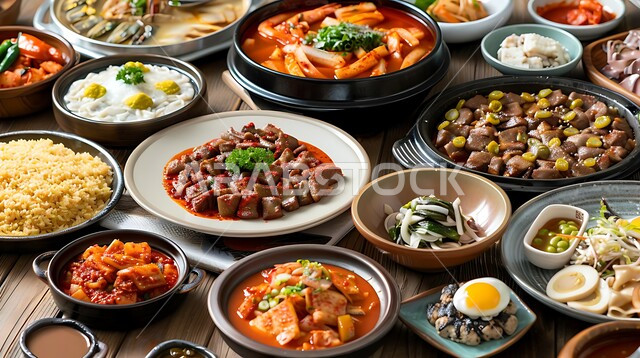 سفرة مليئة بأصناف المأكولات والمقبلات الشهية، الوجبات والأطباق الرئيسية على مائدة الطعام، مطاعم ومطابخ المملكة العربية السعودية، أنواع الأطعمة الشرقية على الموائد، وصفات الأكلات الشعبية