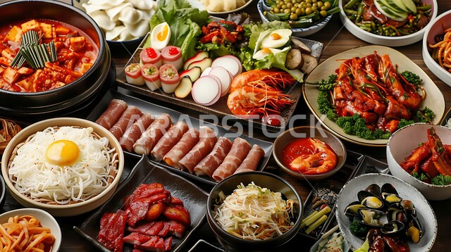 مائدة طعام مليئة بالوجبات الرمضانية المتنوعة، سفرة من المأكولات الشعبية التقليدية الشهية، أجواء شهر رمضان المبارك، العزائم والولائم في الأعياد والمناسبات الإسلامية، المقبلات والأطباق والأصناف العربية الشرقية اللذيذة